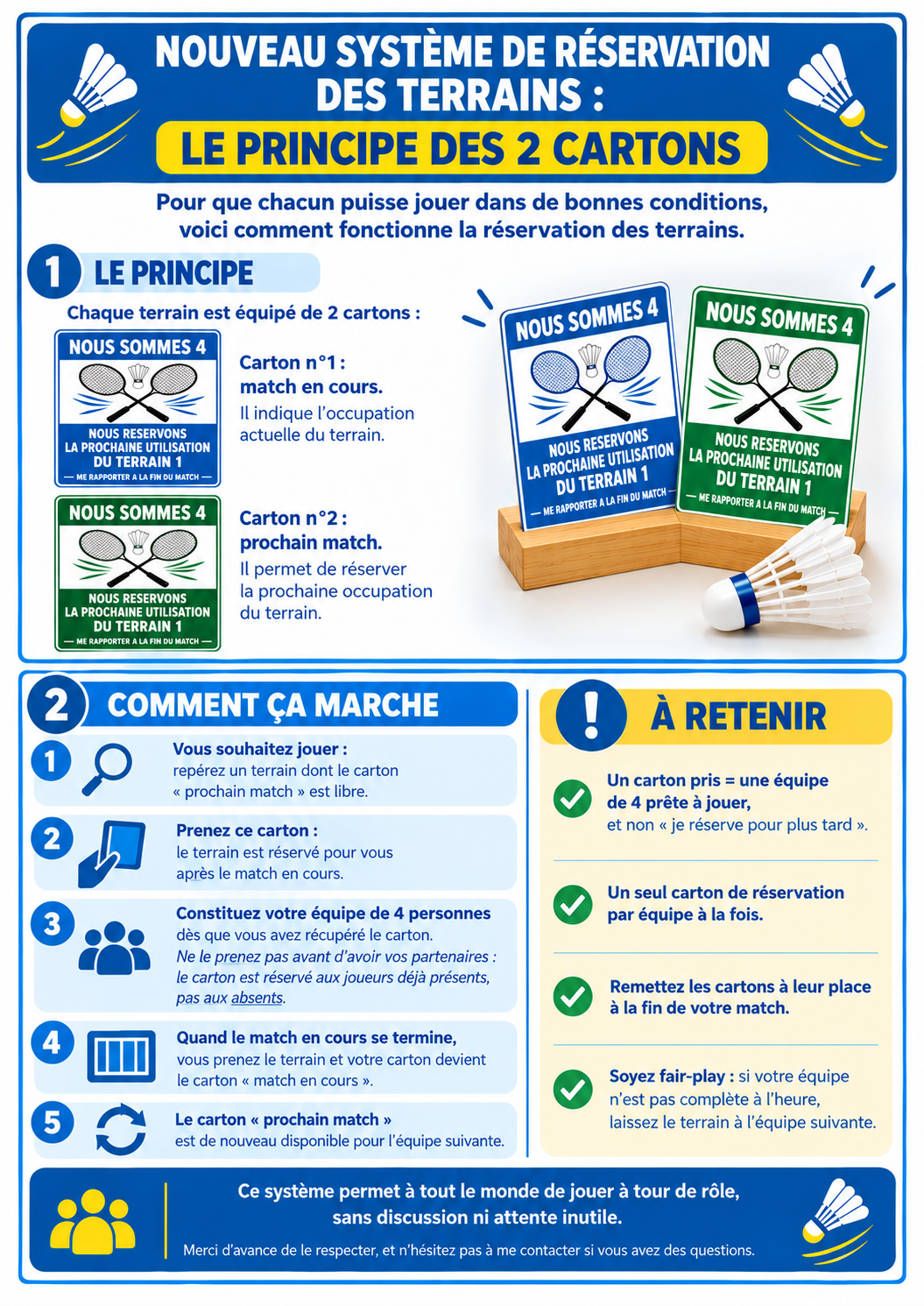 Plaquette explicative : nouveau système de réservation des terrains, le principe des 2 cartons